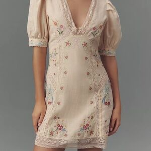 By Anthropologie Linen Blend Puff-Sleeve V-Neck Mini Dress